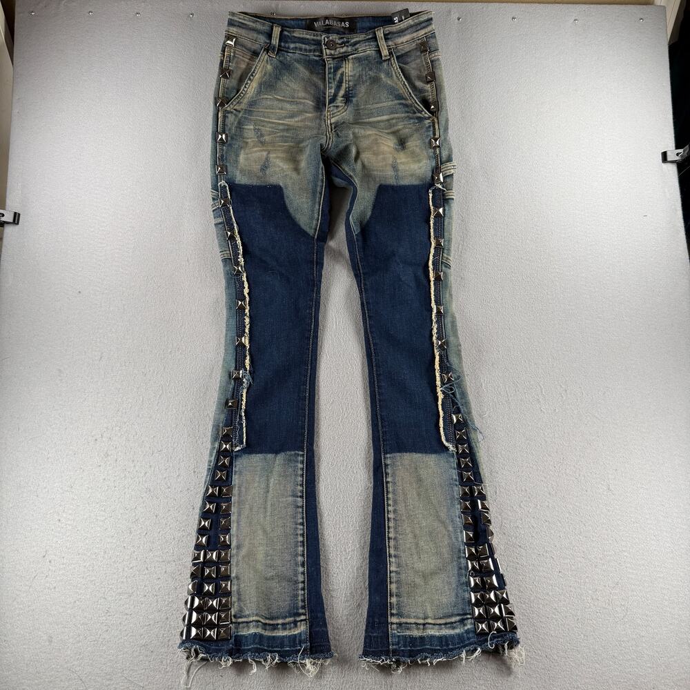 VALABASAS Mens 30 Studded Flare Jeans Blue Distressed Patchwork Stretch Denim